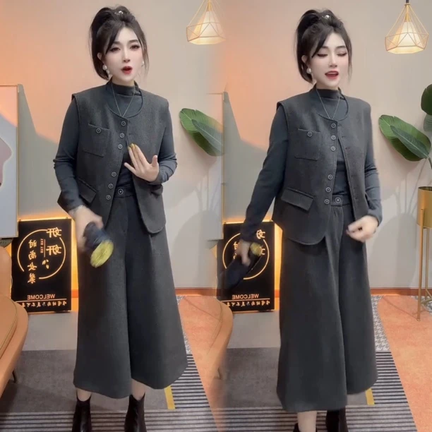 2025秋季新款洋气女宽松显瘦百搭气质高档网红同款马甲时尚三件套