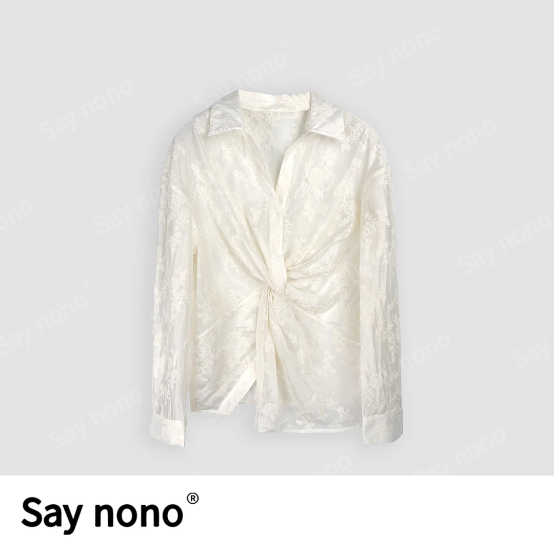 懒猫nono│Saynono 早春新款翻领宽松舒适系结蕾丝显瘦衬衫H25079X
