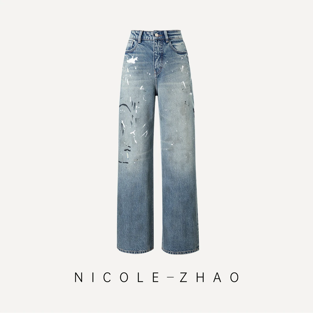 4NKN002【贵姐NICOLE】设计师定制进口女式时尚气质泼墨涂鸦牛仔裤