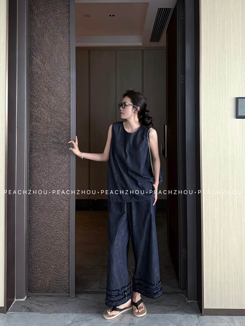 『PEACHZHOU』木耳花边薄款丹宁宽松牛仔休闲裤松紧腰阔腿九分裤女