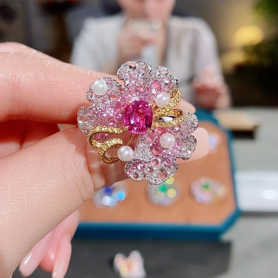 彩色蓝宝石戒指18K金镶嵌1.225ct无烧帕帕拉恰吉尔德