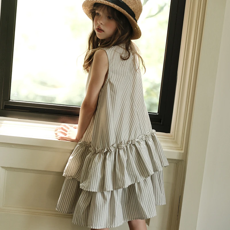 史豌豆女童条纹花边裙摆连衣裙 Y4297