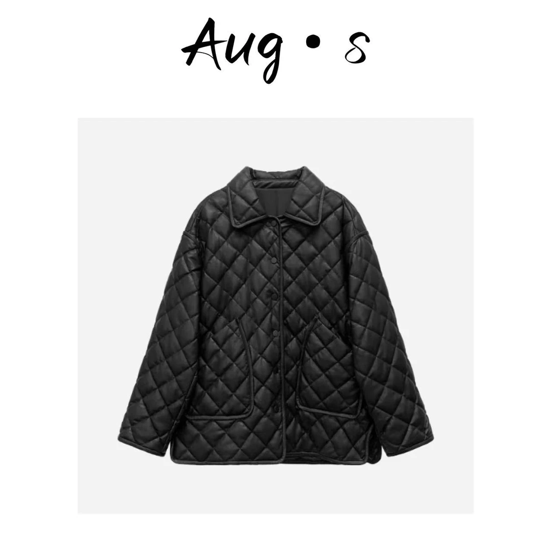 八月【菱格羽绒皮外套】冬季小众菱形格简约保暖翻领皮衣YL-AW6795