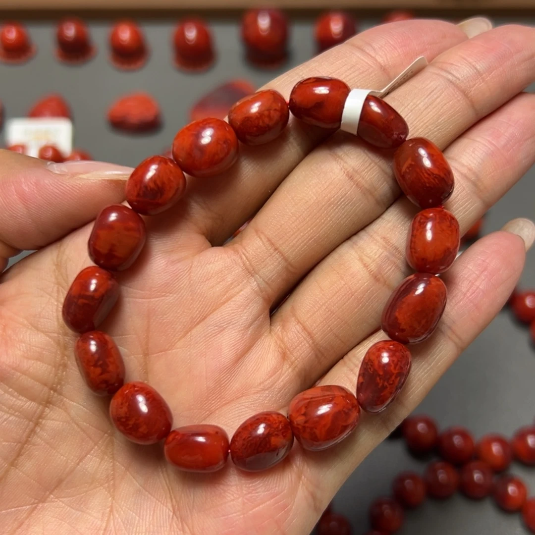 南红玛瑙未镶嵌手串 玫锦红妖火焰随型 约9mm 性价比