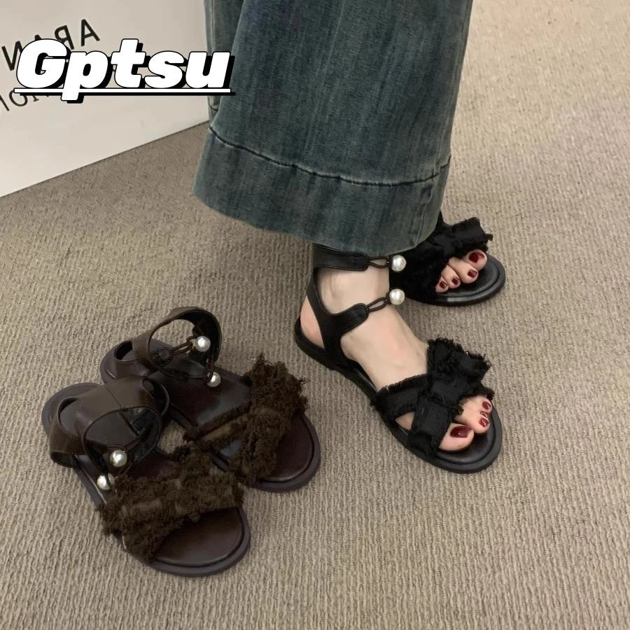 GPTSu法式仙女风绝美露趾凉鞋女夏季海边平底鞋女波西米亚罗马鞋