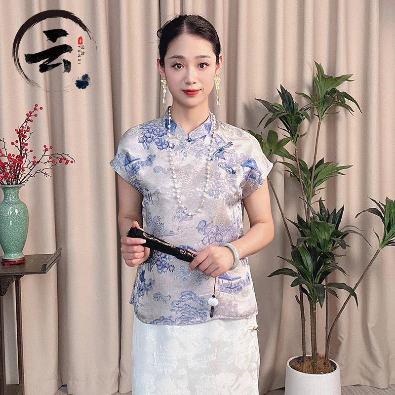 云汐522夏装新款透气青花瓷百搭短袖小衫