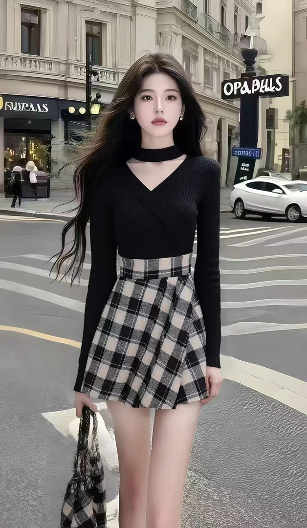 秋季新款淑女黑色修身V领长袖针织上衣+百搭黑色格子半身裙两件套