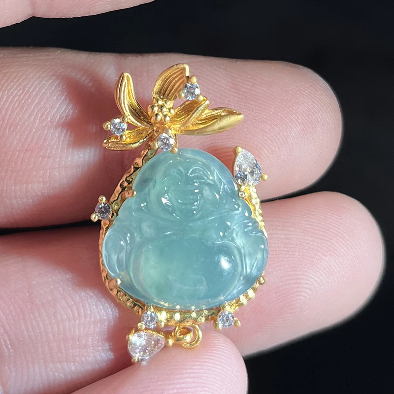 S925银天然蓝水翡翠18MM佛公吊坠多样性发货 不含链FG108