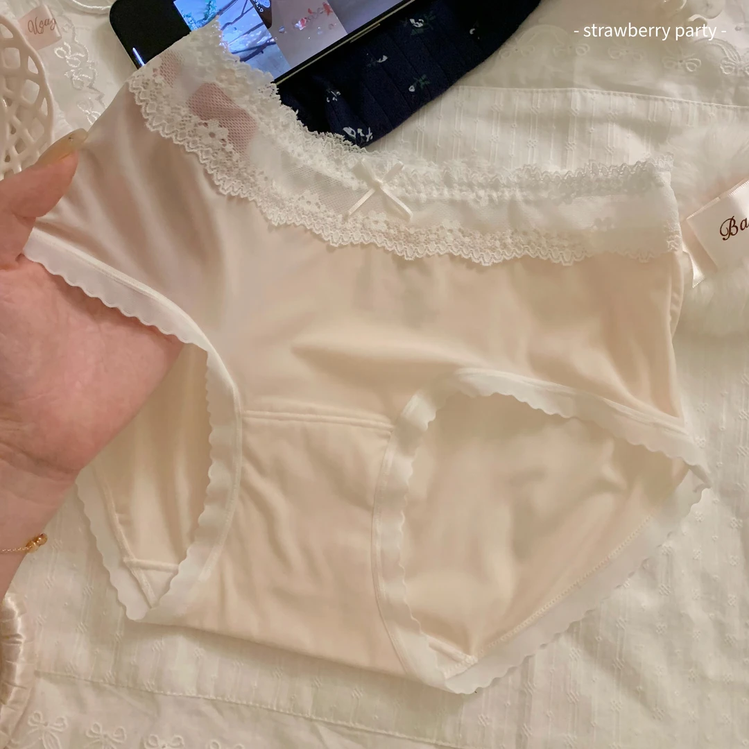 晶冻桃茶~纯欲蕾丝10A抗菌女士中腰冰丝内裤女生棉裆女士夏薄款