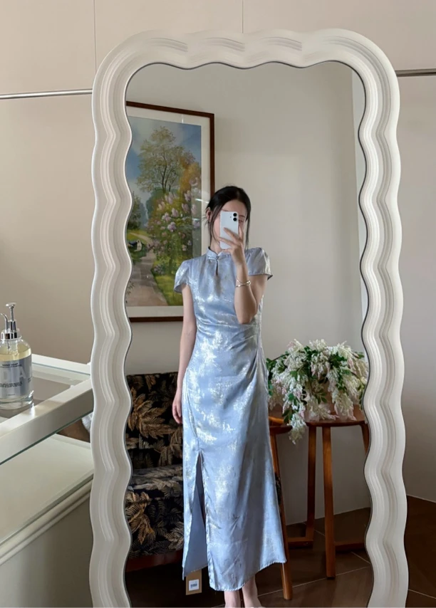 烟火星辰过膝连衣裙国风烫金提花改良款旗袍显瘦气质蓝色新中式
