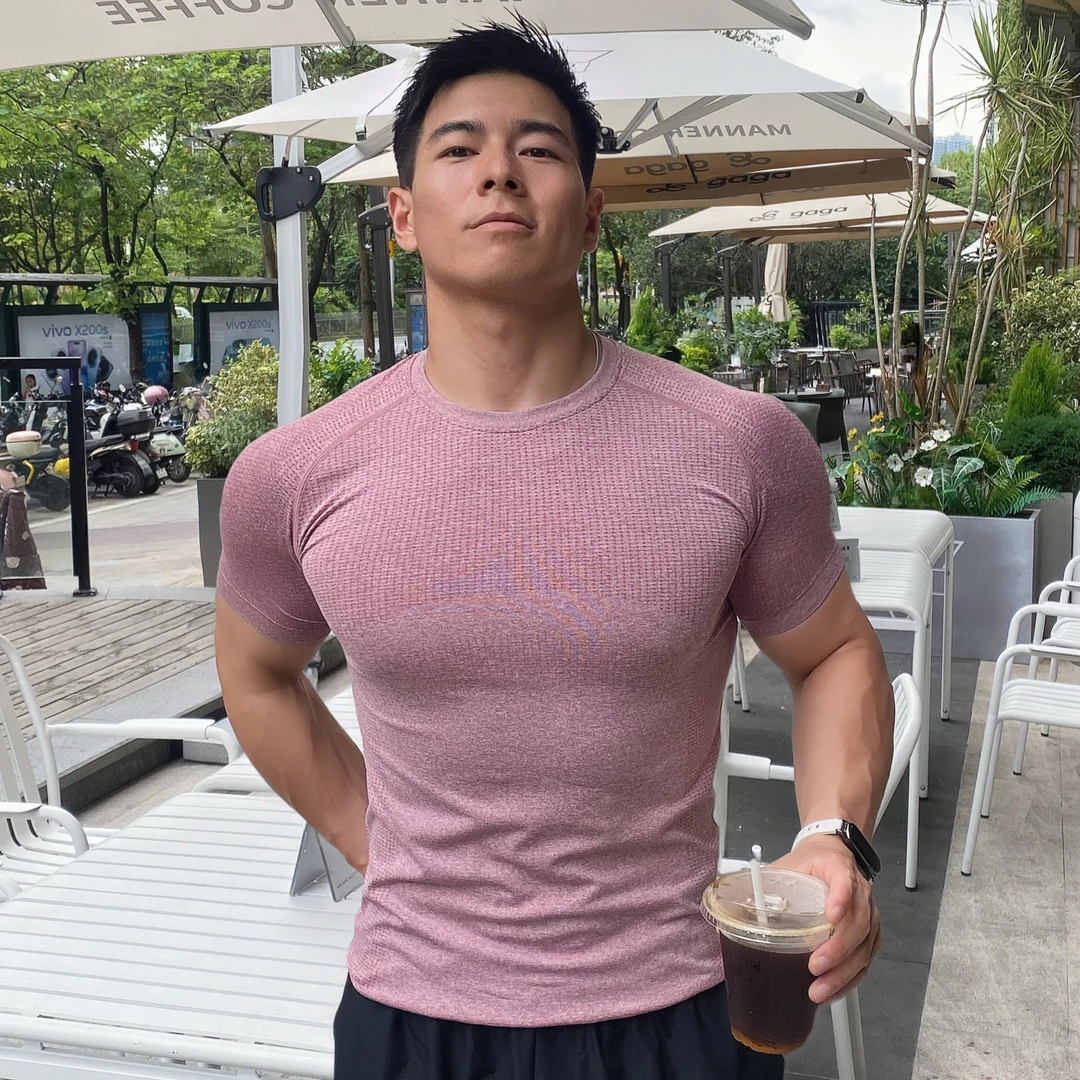 美式无缝提花运动短袖夏季纯色速干衣服训练健身圆领训练服健身