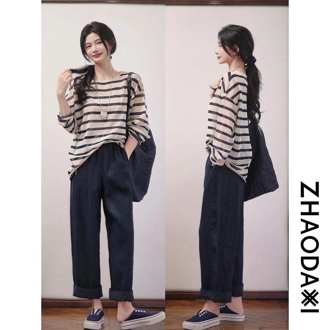 【赵大喜】现货！凉gan.懒人休闲裤｜100亚.麻休闲裤松紧腰抽绳九分裤