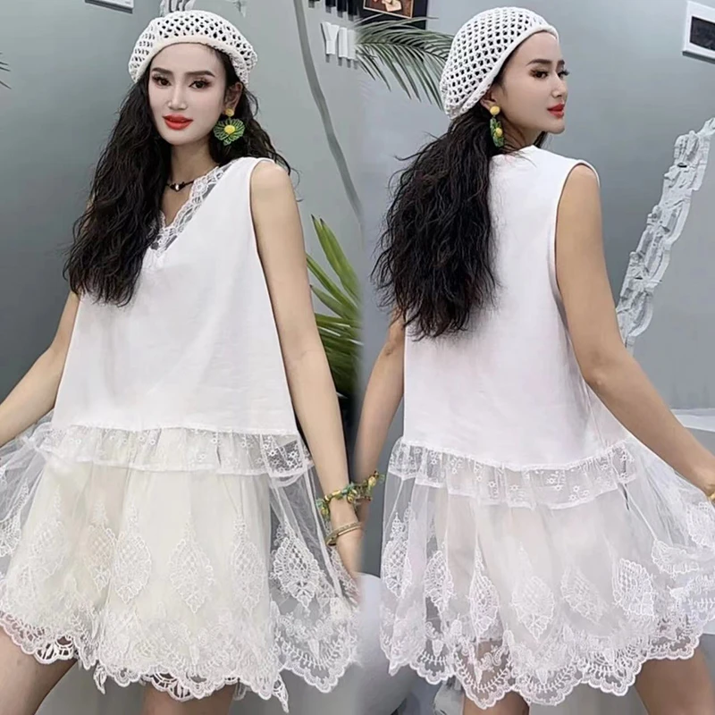 新款蕾丝拼接背心T恤女2025夏季时尚内搭打底衫设计无袖上衣-9533