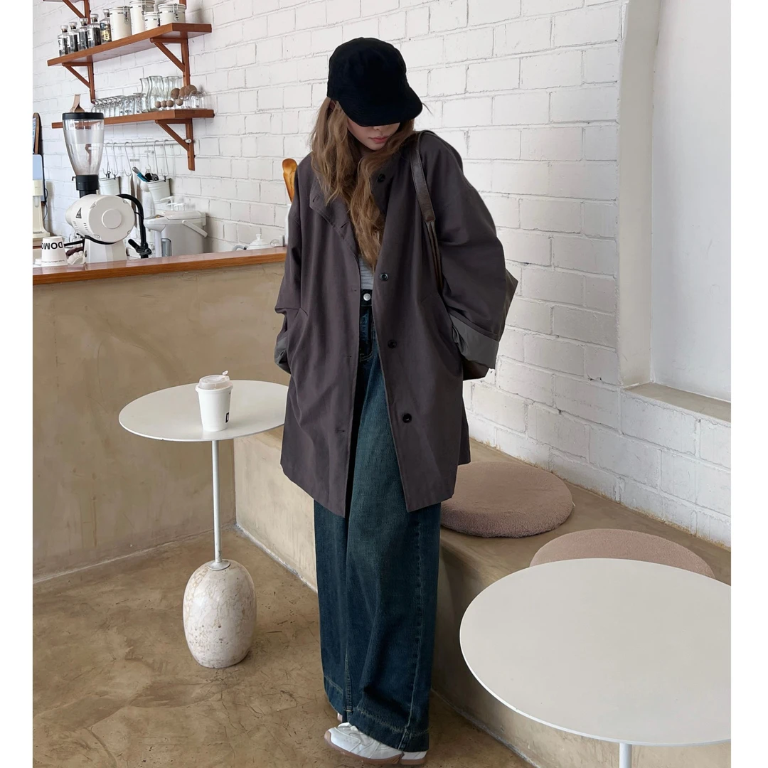 【AYW】秋季新款韩系立领宽松百搭中长款风衣显瘦日系外套