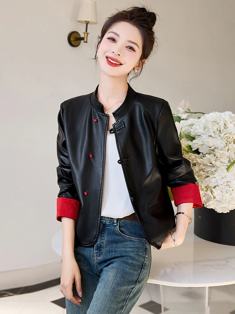 国风皮衣外套女2024春季新款小个子高级感盘扣拼接pu皮新中式上衣