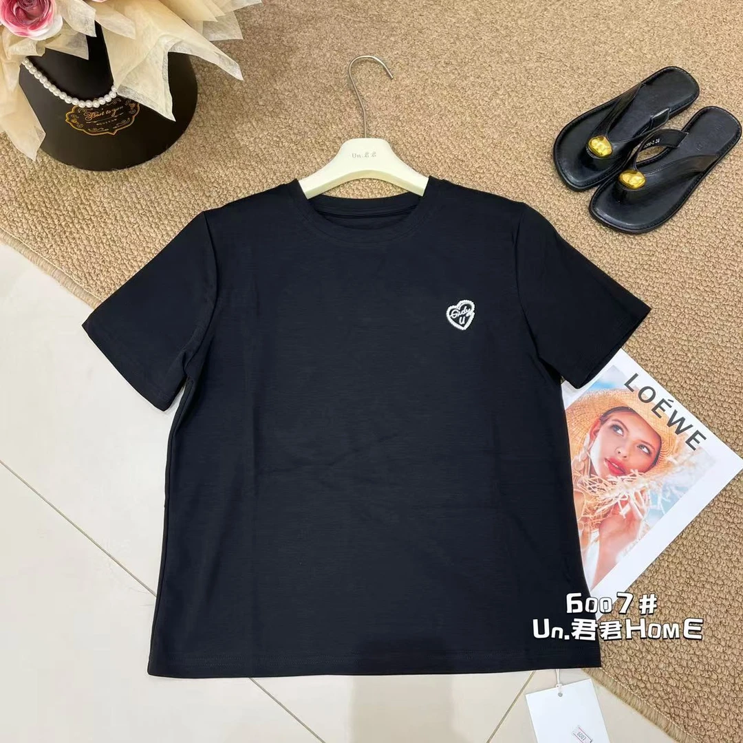 君君家【褶皱拼接款】6007夏季撞色拼接款刺绣褶皱不规则短袖上衣