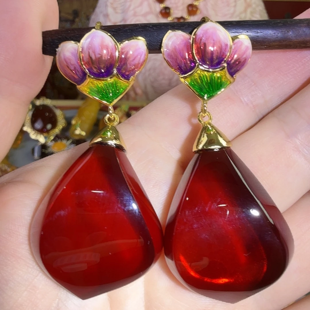 琥珀银S925镀金镶嵌耳环