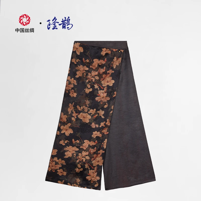 中国丝绸香云纱【红色素绉缎】拼接裙裤百搭休闲阔腿中式中国风印花