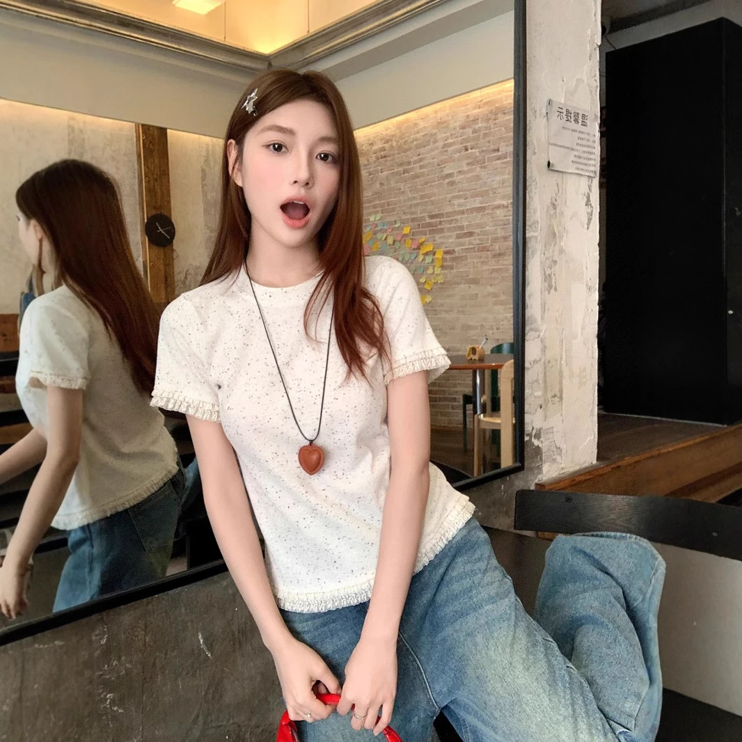 彩色波点蕾丝花边短袖t恤女2025夏季新款设计感修身显瘦正肩上衣