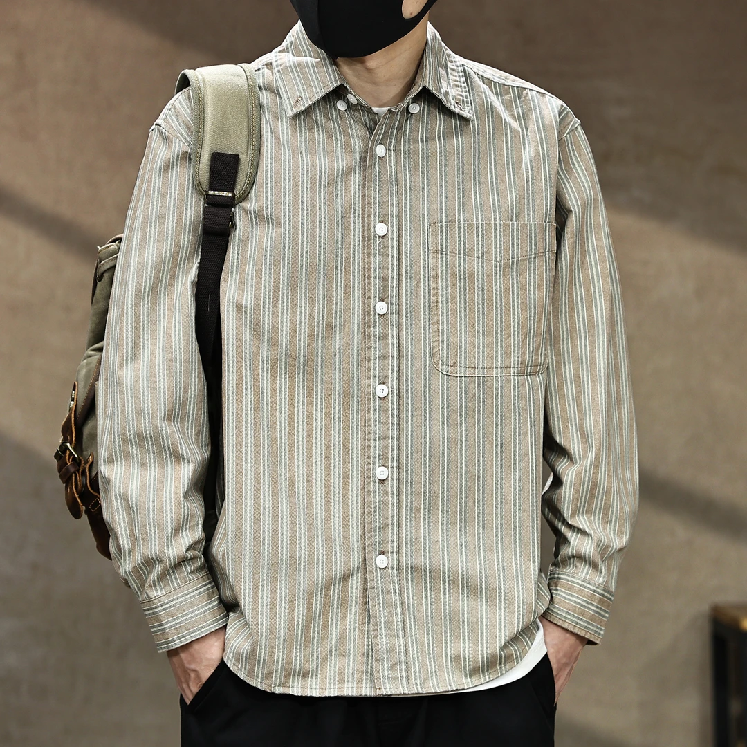 高端美式复古纯棉条纹工装长袖衬衫男秋季新款潮流休闲衬衣外套男