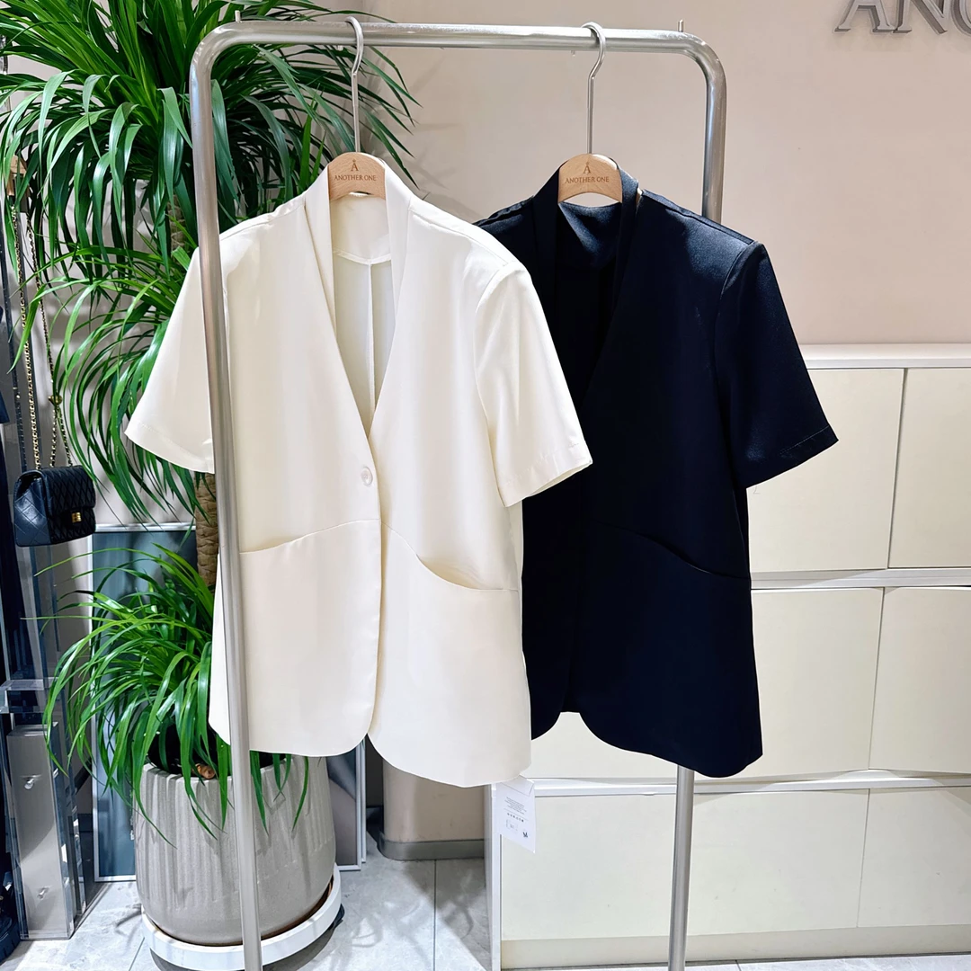 861中袖宽松型纯色单排扣西装气质宽松夏季百搭显瘦设计感