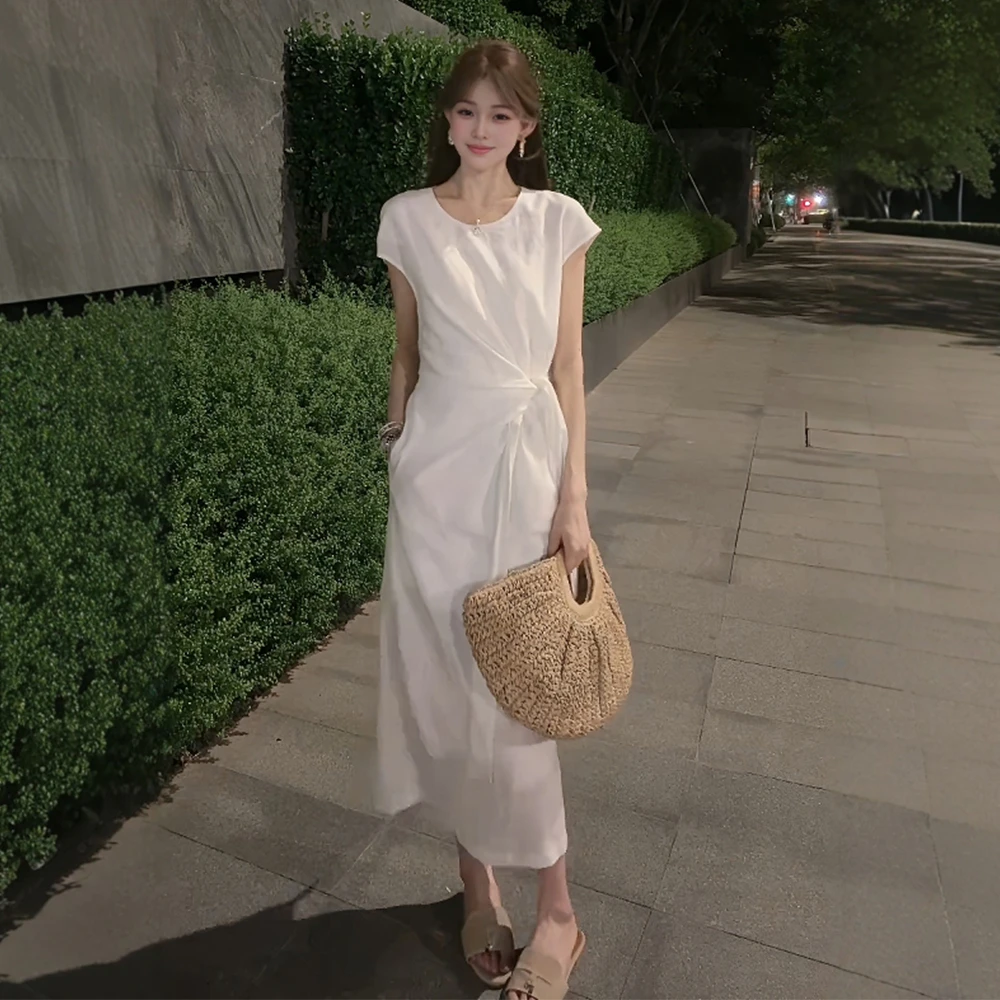 法式白色气质收腰绑带短袖连衣裙女2025夏季新款修身显瘦绝美长裙