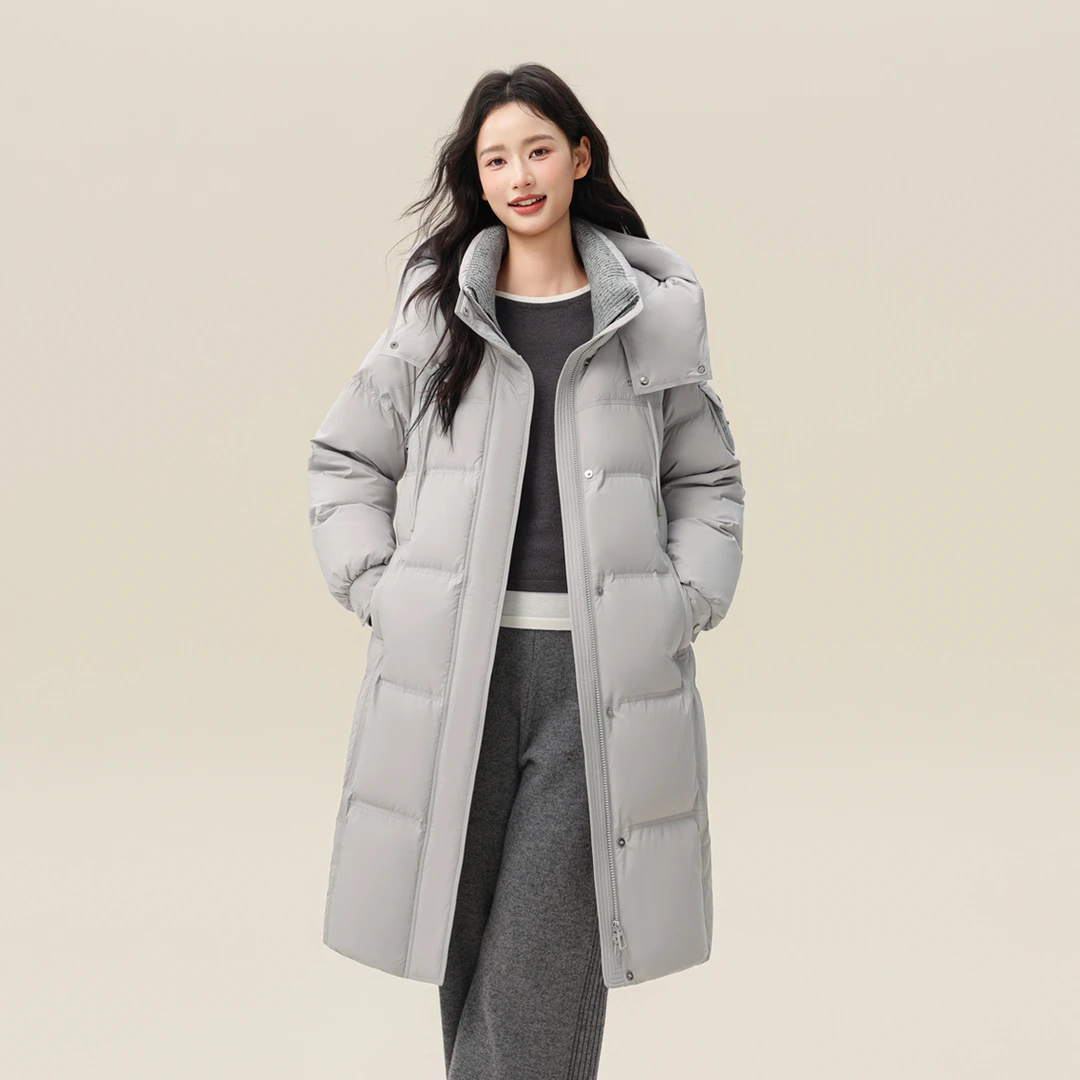 新款女长款保暖连帽法式纯色极简风高级感外套5180