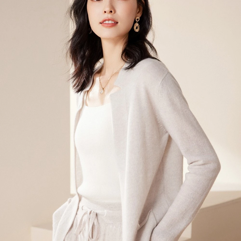 9针单股纯山羊绒轻薄无扣剪刀领长袖针织开衫初春首选