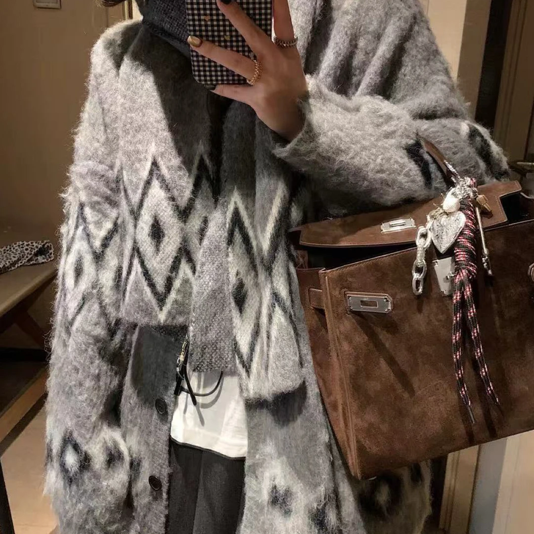 大码女宽松费尔岛氛围羊毛开衫外套秋冬季