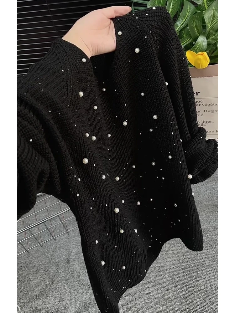 欧货百搭时尚黑色珍珠刺绣上衣女秋季新款小众洋气宽松显瘦针织衫