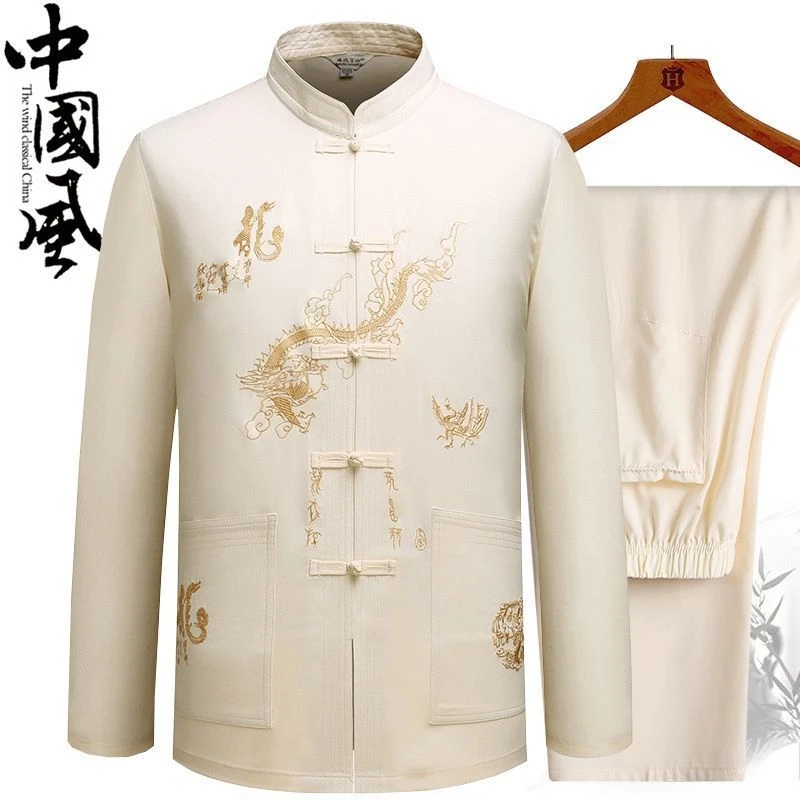 唐装中老年人男装汉服春夏季爸爸长袖衬衫套装爷爷短袖太极晨练服