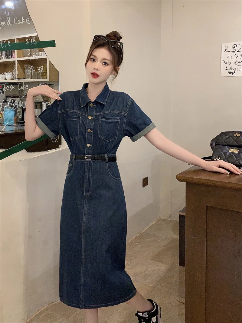 夏大码女装微胖妹妹高端精致显瘦收腰复古港味chic显瘦牛仔连衣裙