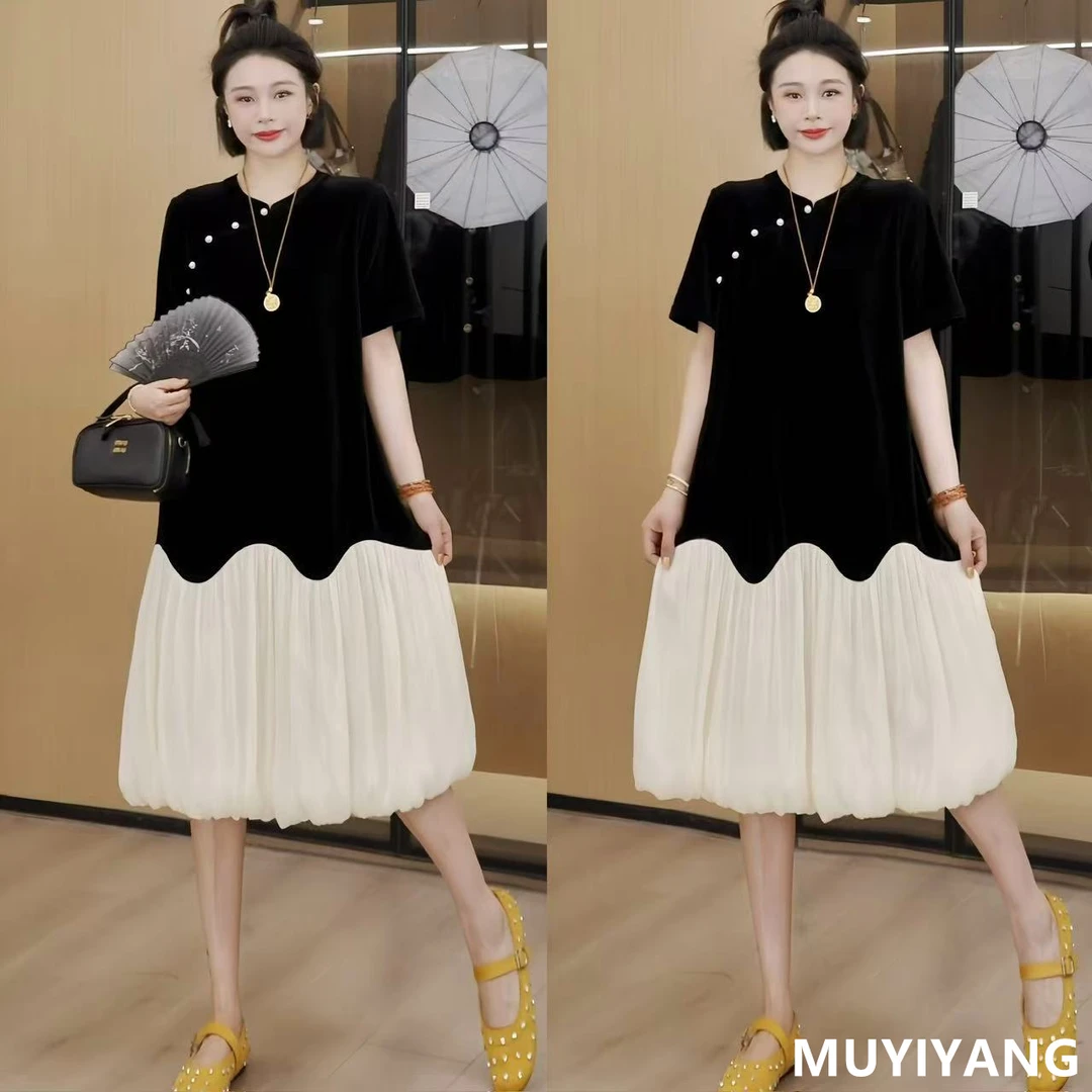 【仲夏】小众高级感斜扣拼接网纱高定版连衣裙 裙长104 25-310#