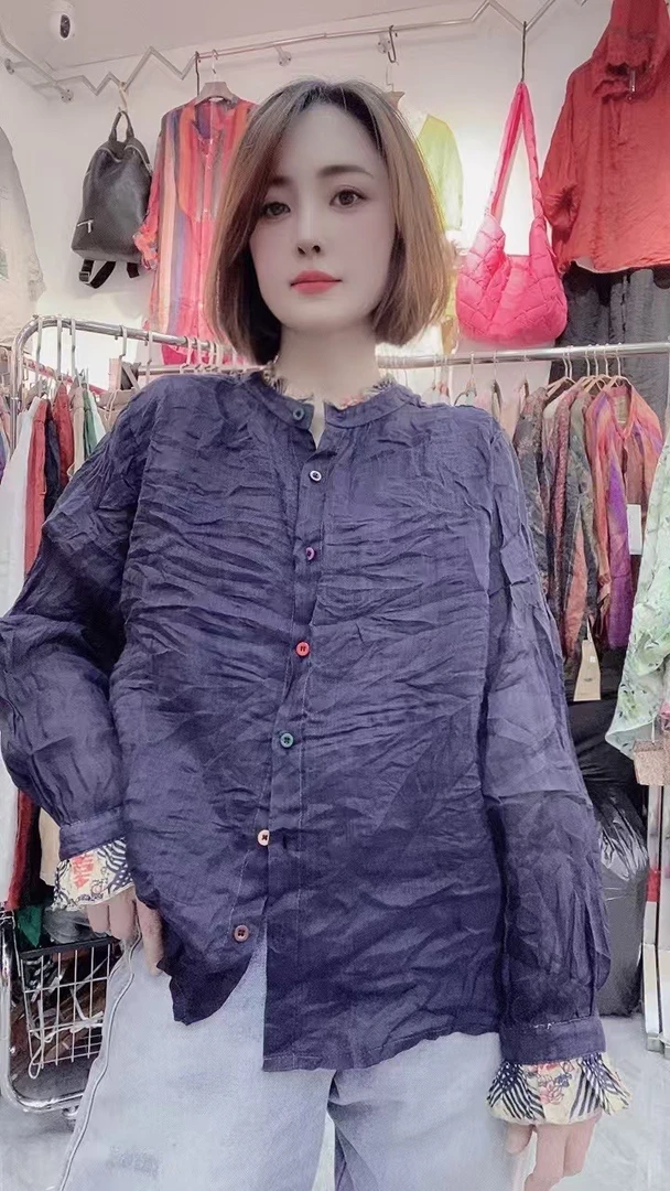 苎麻木耳花边长袖上衣宽松复古休闲娃娃衫