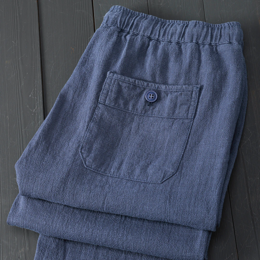 蓝色苎麻九分裤 春夏轻薄透气吸湿排汗纯色简约松紧腰小脚直筒裤