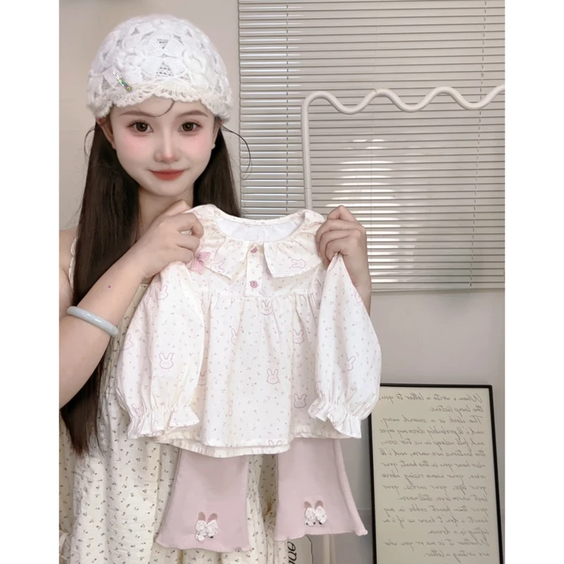 春秋女公主风长袖蝴蝶结花边上衣设计感立体长袖衬衫休闲刺绣裤