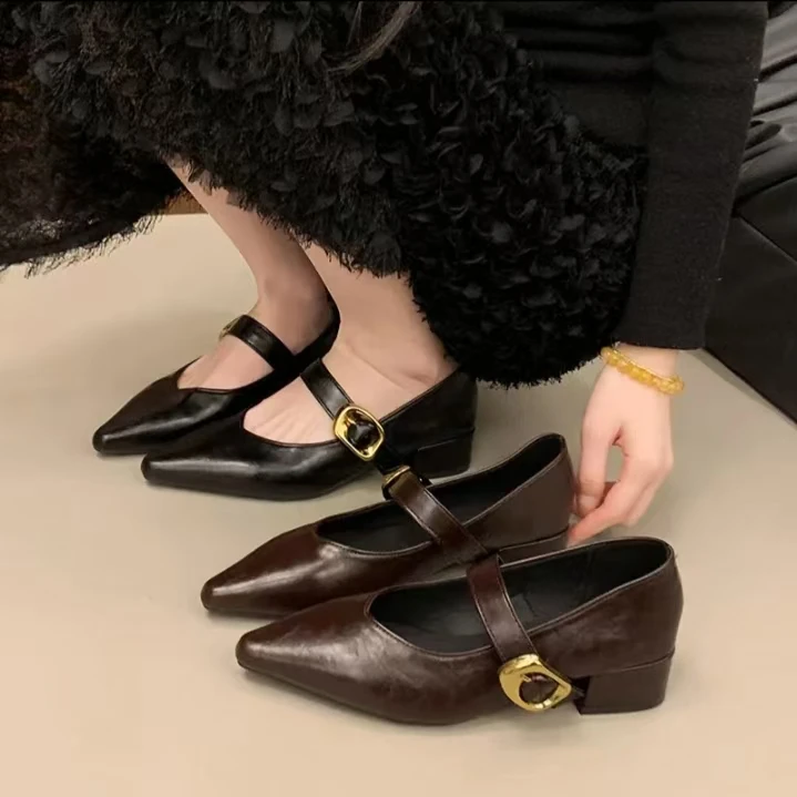 粗跟尖头单鞋女2025新款气质软底软皮尖头舒适百搭法式玛丽珍女鞋