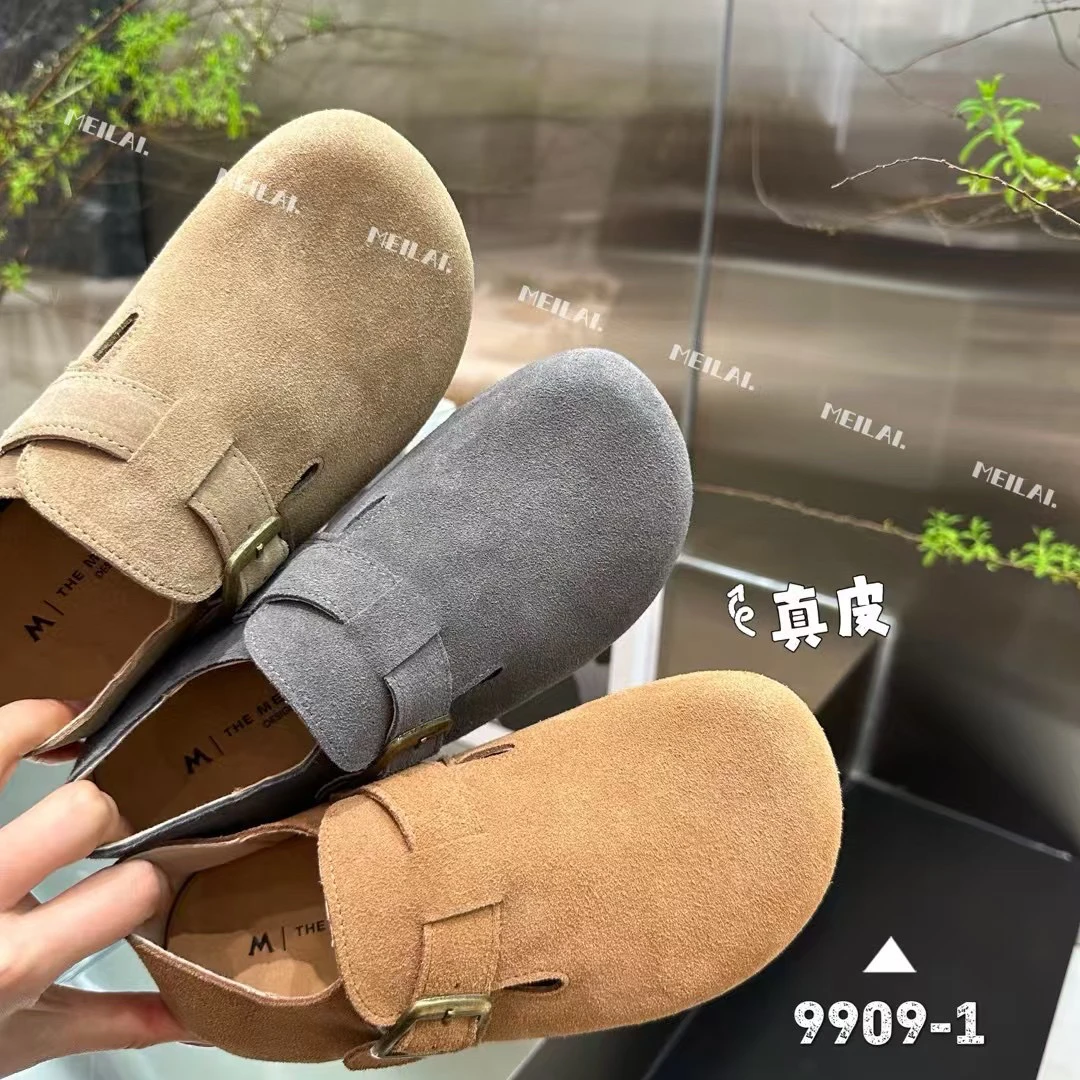 牛皮版真皮勃肯鞋女平底懒人一脚蹬软底博肯乐福鞋豆豆鞋