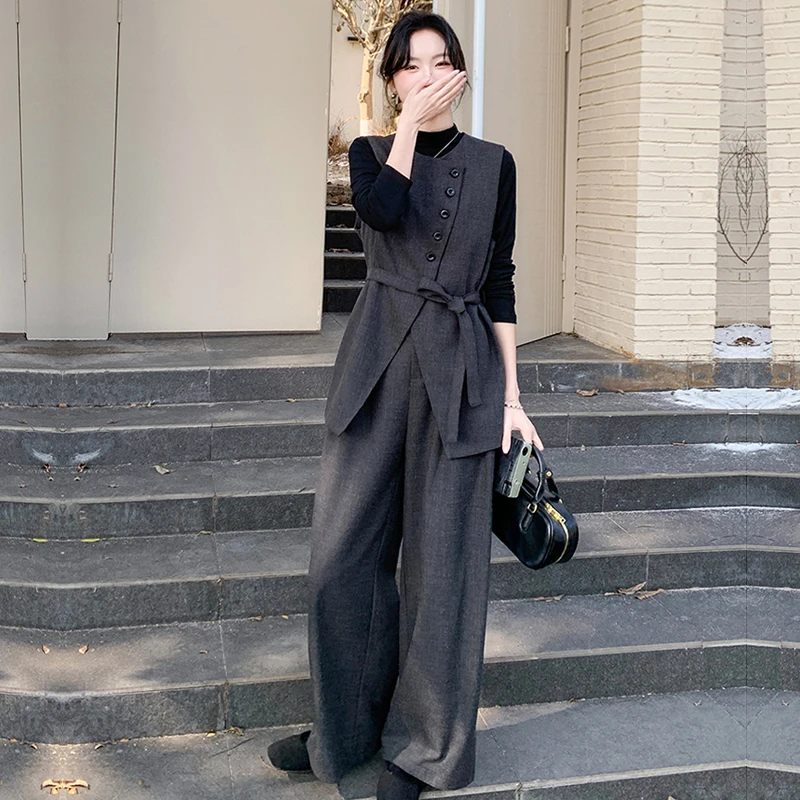轻奢韩系西装马甲三件套春秋高腰阔腿裤套装时尚高级感轻熟御姐风