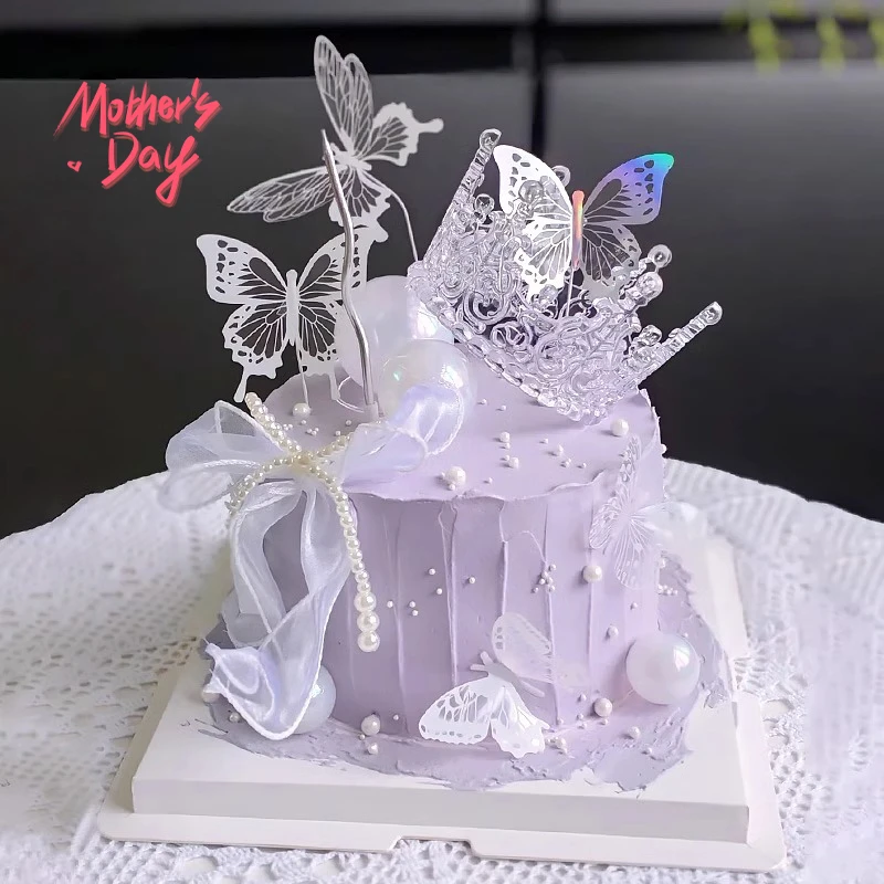 网红母亲节蛋糕装饰透明水晶皇冠摆件仿真蝴蝶插件幻彩球甜品装扮