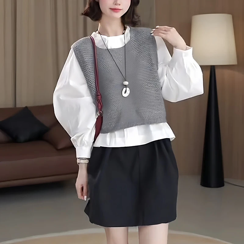 韩版休闲时尚套装女2025秋季新款圆领针织衫马甲搭配宽松长袖衬衫