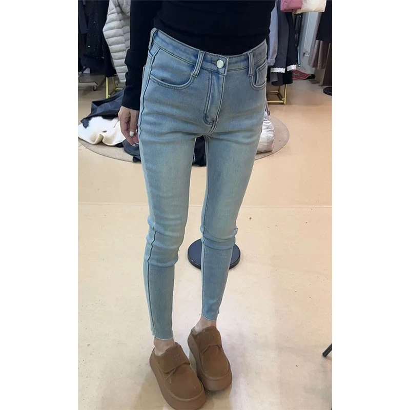 【1982】小个子显瘦铅笔裤女2025年冬季新款加绒加厚弹力修身牛仔裤