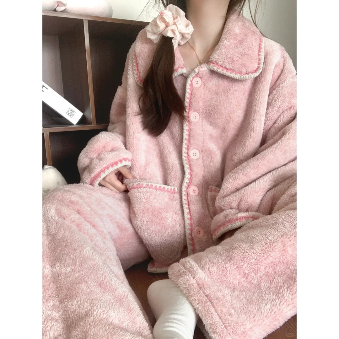 小香风粉色珊瑚绒保暖可外睡衣女冬季新款加厚穿毛绒家居服套装