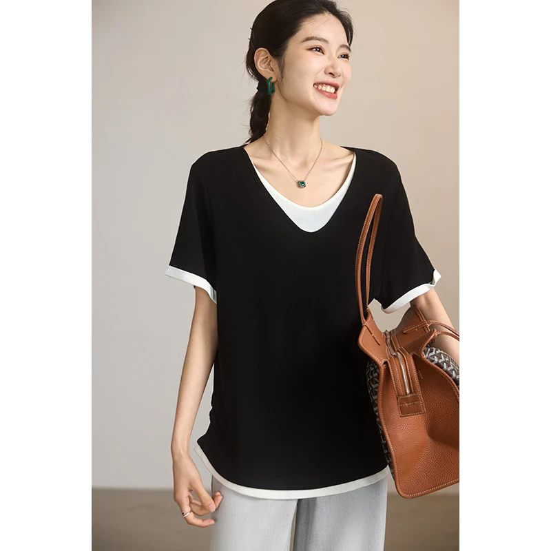 休闲假两件黑色短袖T恤女2025年春夏新款欧洲站大码修身上衣显瘦