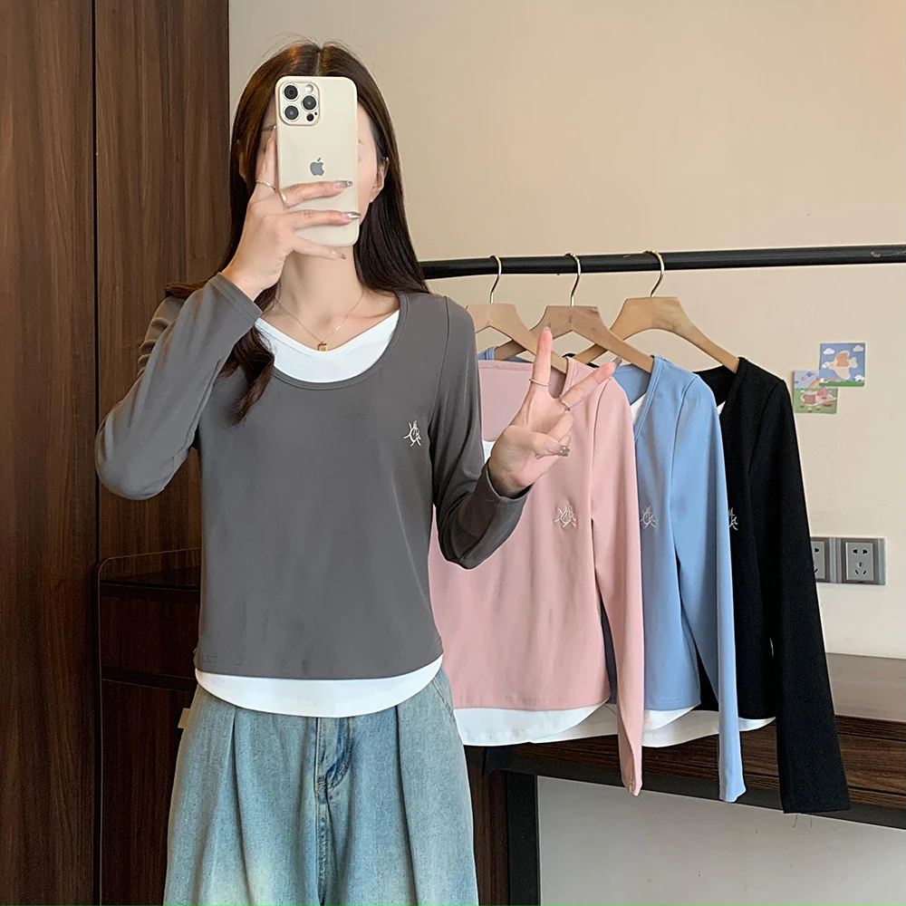 2518  大码女装新款简约休闲长袖假两件T恤