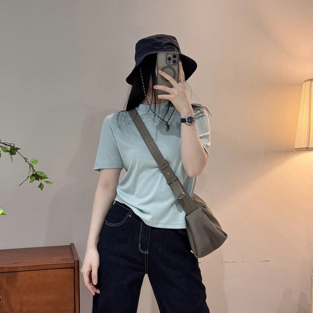 今婷韩系时尚基础休闲百搭简约纯色宽边微高领短袖T恤--H25101333