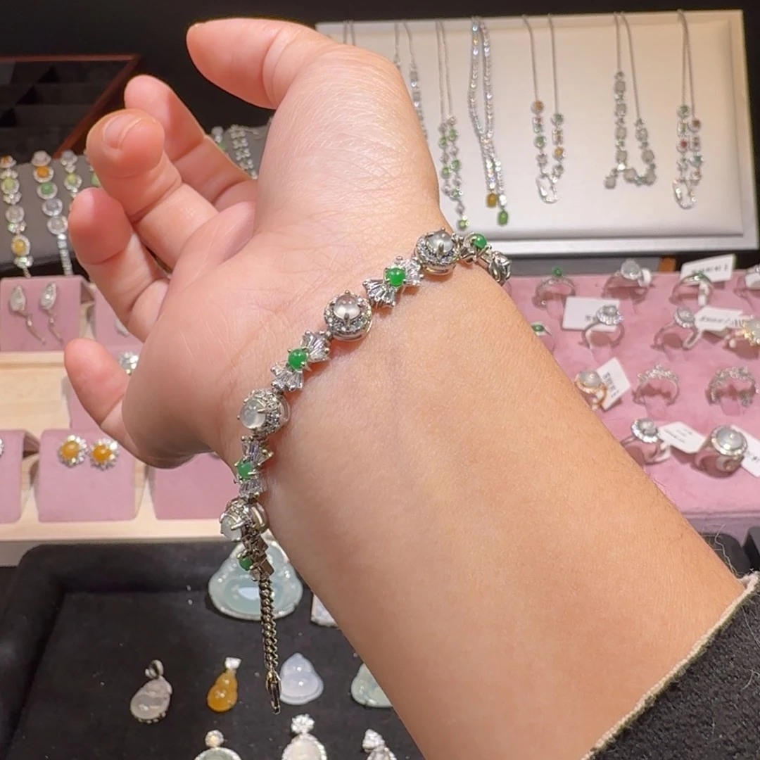 翡翠银S925镶嵌手链纯天然缅甸翡翠A货手链