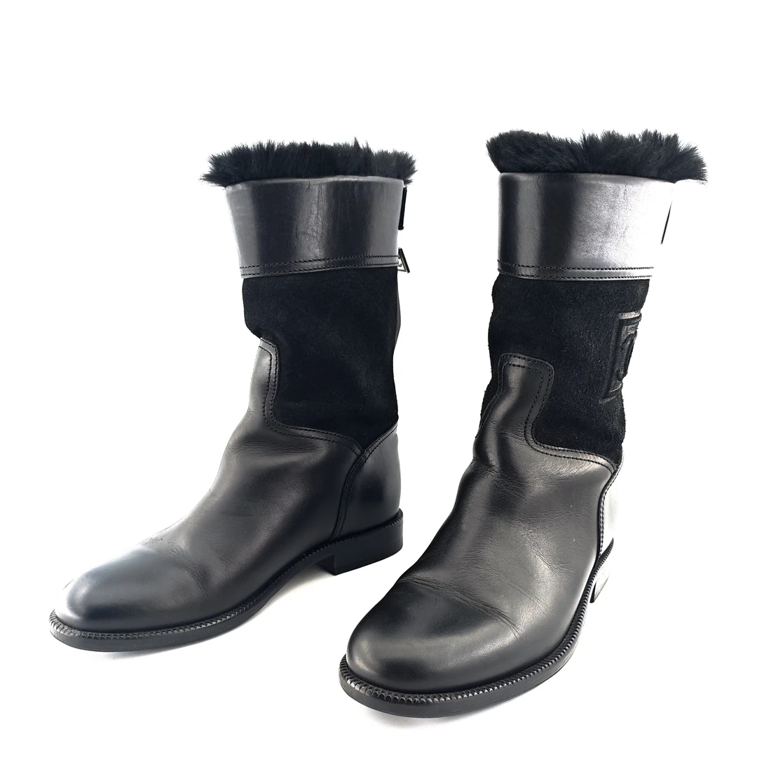 95新 Chanel/香奈儿 CHANEL/香奈儿 皮面绒毛中筒靴 35码 D7222