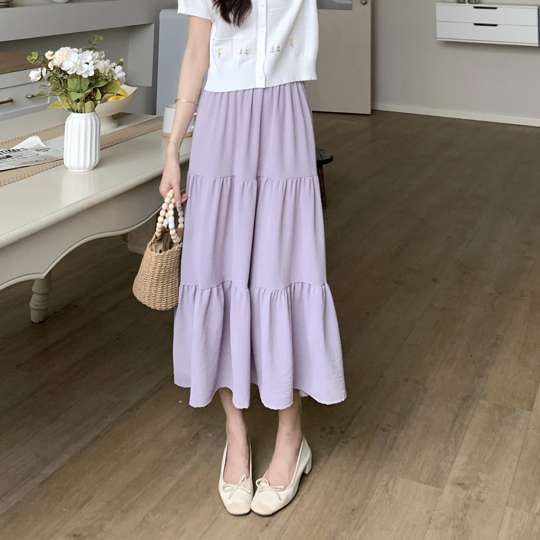 慕兔韩系复古纯色半身裙女2024夏季新款设计感宽松中长款蛋糕裙子