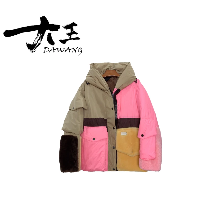 时尚女士连帽拼接皮毛一体鹅绒服冬季22100-6